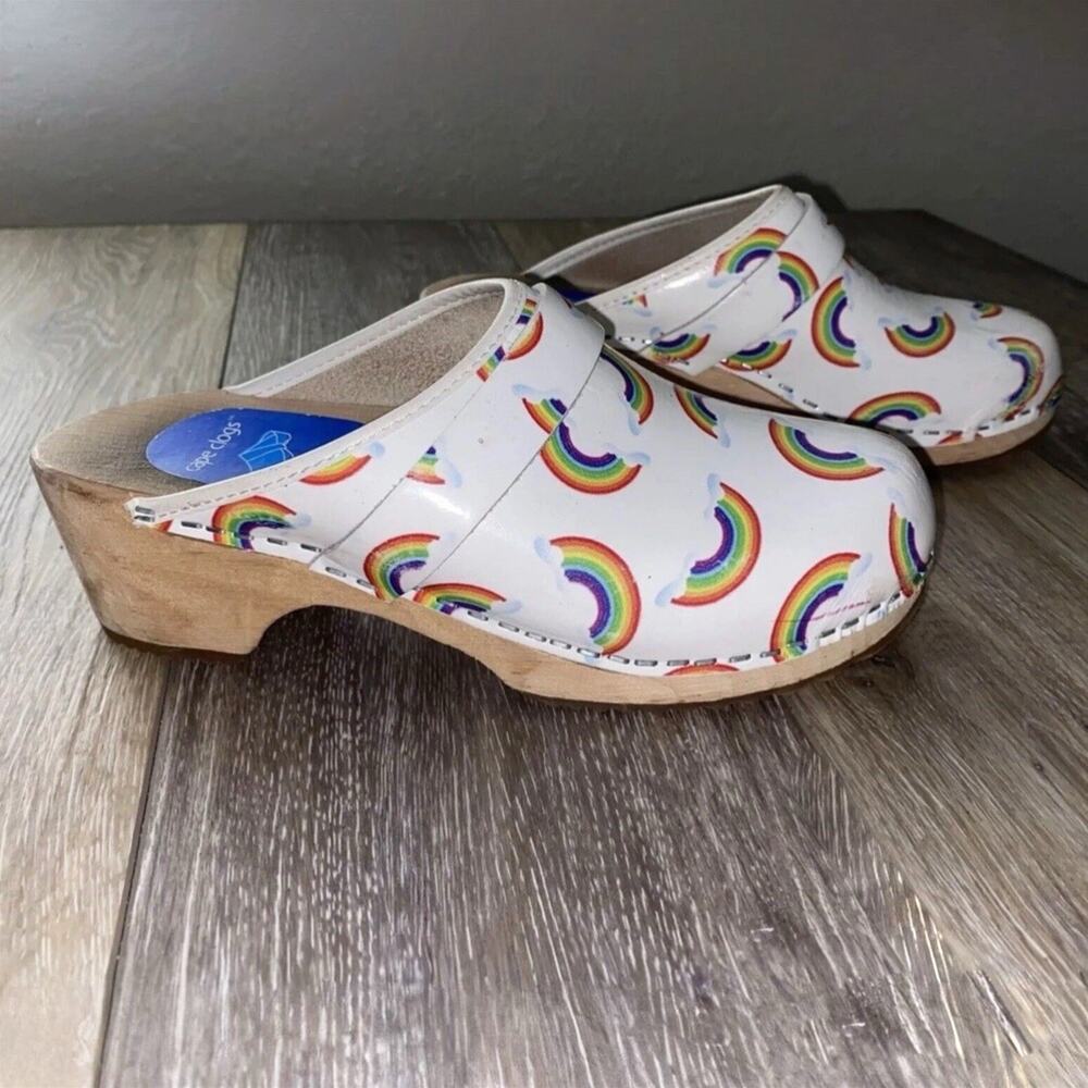 Swedish Wooden Cape Clogs Slip On Mule White Leather Rainbow Women’s US Size 6